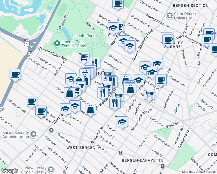 map of restaurants, bars, coffee shops, grocery stores, and more near 193 Clinton Avenue in Jersey City