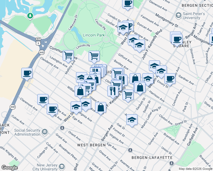 map of restaurants, bars, coffee shops, grocery stores, and more near 90 Lexington Avenue in Jersey City