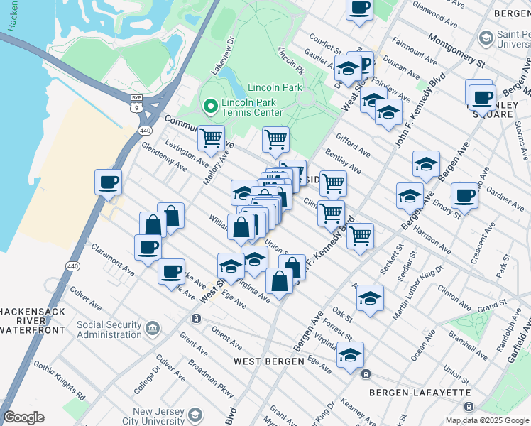 map of restaurants, bars, coffee shops, grocery stores, and more near 525 West Side Avenue in Jersey City