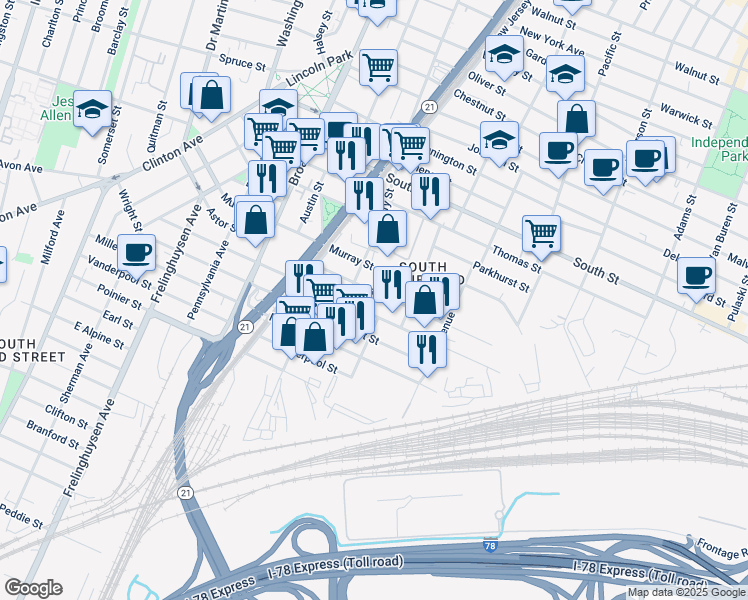 map of restaurants, bars, coffee shops, grocery stores, and more near 173 Emmet Street in Newark
