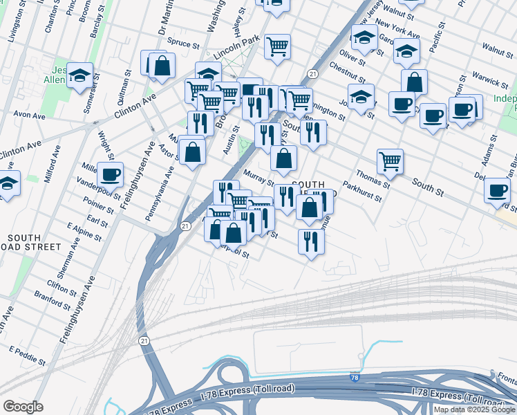 map of restaurants, bars, coffee shops, grocery stores, and more near 173 Emmet Street in Newark