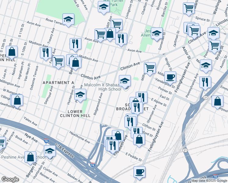 map of restaurants, bars, coffee shops, grocery stores, and more near 433 Irvine Turner Boulevard in Newark