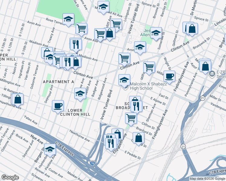 map of restaurants, bars, coffee shops, grocery stores, and more near 433 Irvine Turner Boulevard in Newark