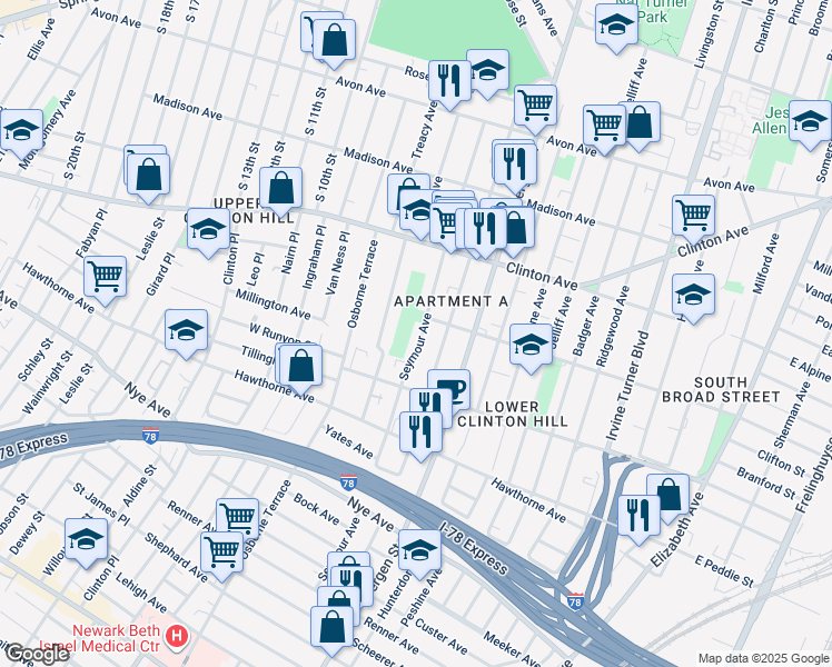 map of restaurants, bars, coffee shops, grocery stores, and more near 185 Seymour Avenue in Newark