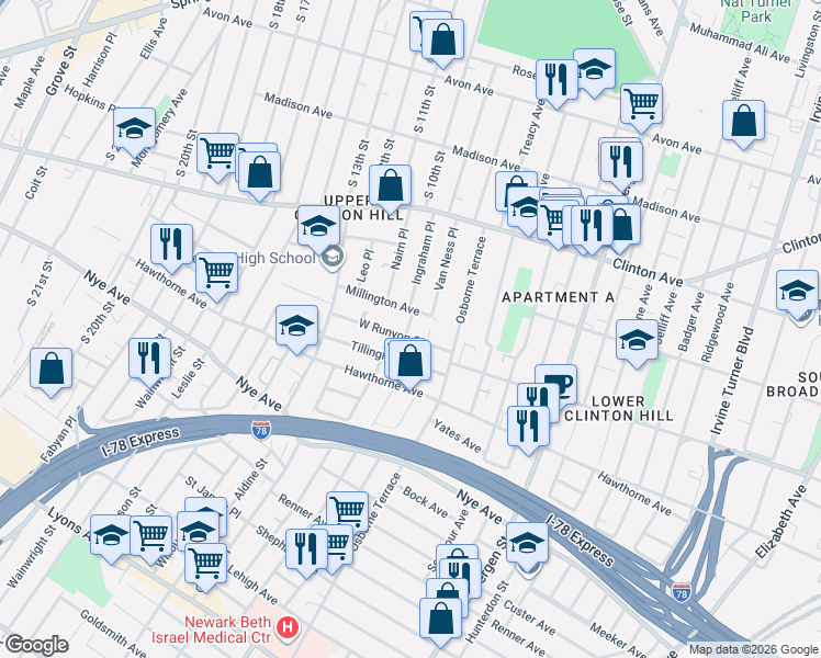 map of restaurants, bars, coffee shops, grocery stores, and more near 274 West Runyon Street in Newark