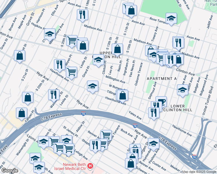 map of restaurants, bars, coffee shops, grocery stores, and more near 67 Tillinghast Street in Newark