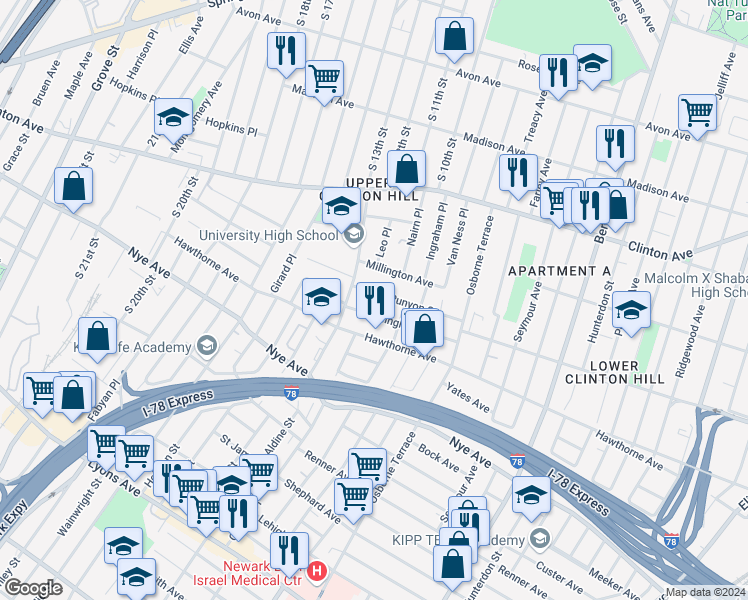 map of restaurants, bars, coffee shops, grocery stores, and more near 67 Tillinghast Street in Newark