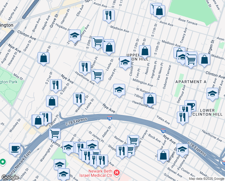 map of restaurants, bars, coffee shops, grocery stores, and more near in Newark