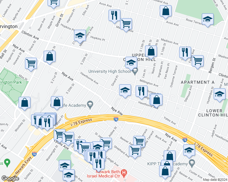 map of restaurants, bars, coffee shops, grocery stores, and more near 10 Hobson Street in Newark