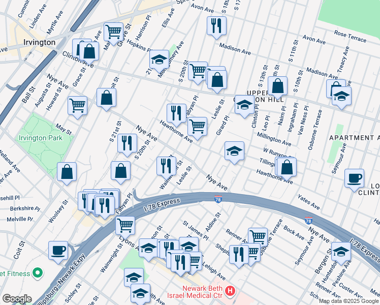 map of restaurants, bars, coffee shops, grocery stores, and more near 119 Leslie Street in Newark