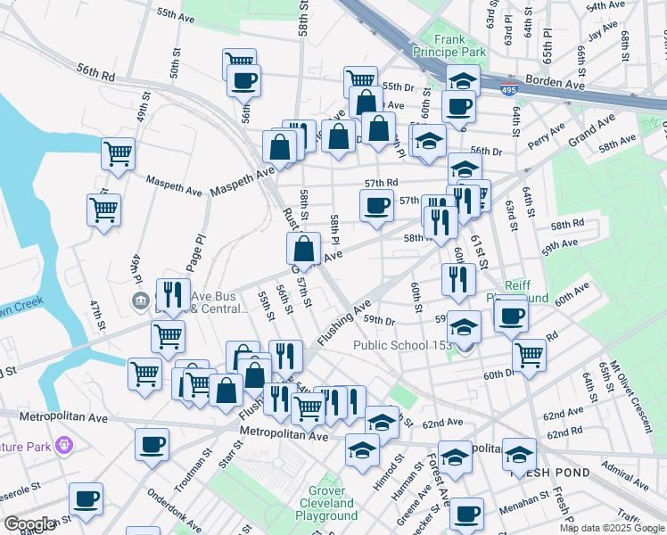 map of restaurants, bars, coffee shops, grocery stores, and more near 58-30 Grand Avenue in Queens