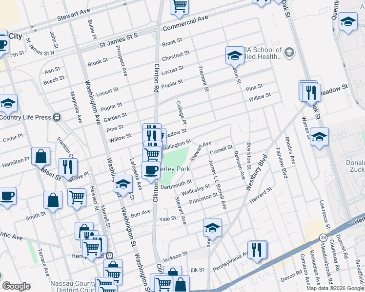 map of restaurants, bars, coffee shops, grocery stores, and more near 114 Wellington Street in Hempstead