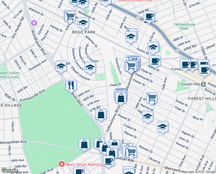 map of restaurants, bars, coffee shops, grocery stores, and more near 66-23 Alderton Street in Queens