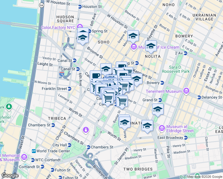 map of restaurants, bars, coffee shops, grocery stores, and more near 265 Canal Street in New York