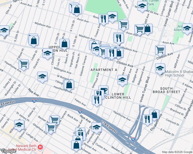 map of restaurants, bars, coffee shops, grocery stores, and more near 185 Seymour Avenue in Newark
