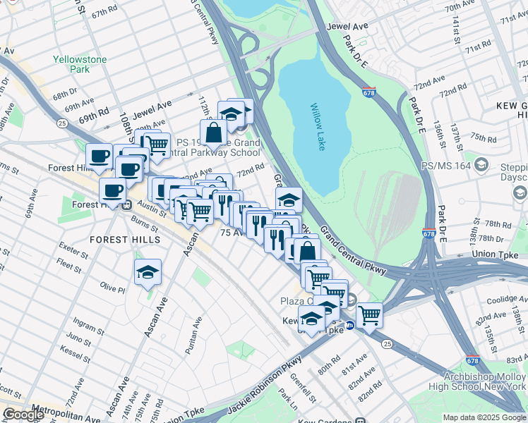 map of restaurants, bars, coffee shops, grocery stores, and more near 112-27 75th Avenue in Queens