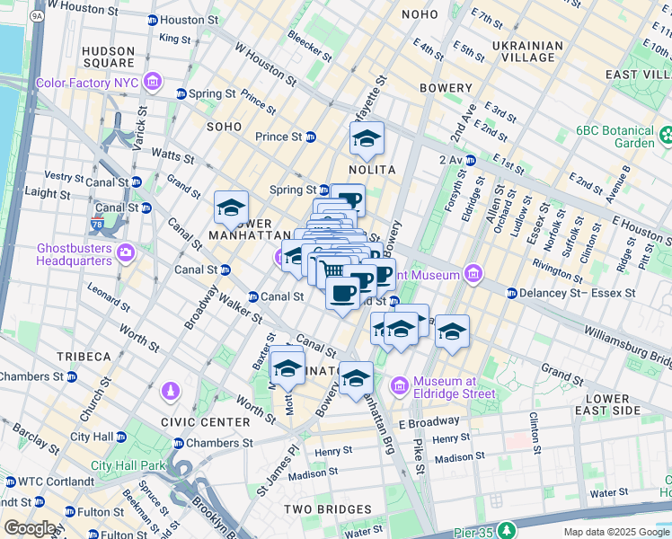 map of restaurants, bars, coffee shops, grocery stores, and more near 203 Grand Street in New York