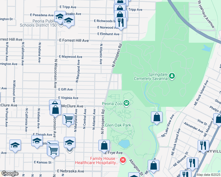 map of restaurants, bars, coffee shops, grocery stores, and more near 2624 North Prospect Road in Peoria