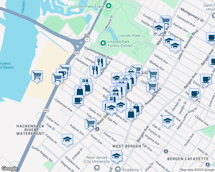 map of restaurants, bars, coffee shops, grocery stores, and more near 389 Union Street in Jersey City