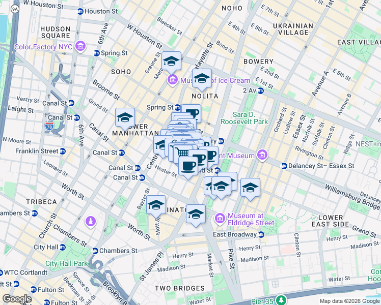 map of restaurants, bars, coffee shops, grocery stores, and more near 203 Grand Street in New York