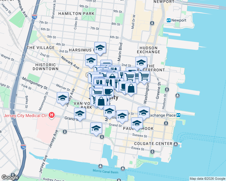 map of restaurants, bars, coffee shops, grocery stores, and more near in Jersey City