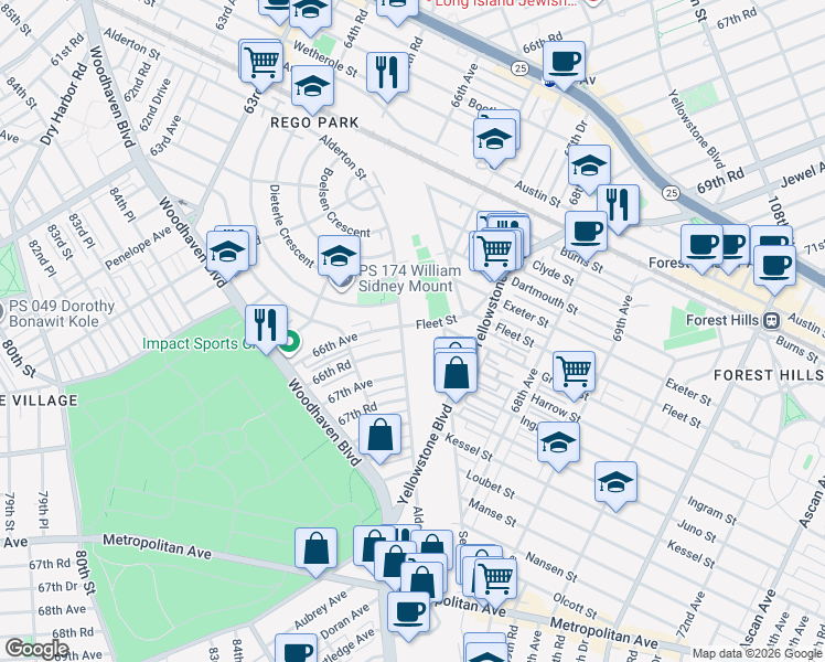 map of restaurants, bars, coffee shops, grocery stores, and more near 66-23 Alderton Street in Queens