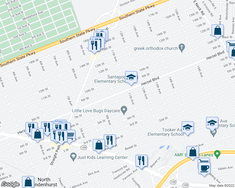 map of restaurants, bars, coffee shops, grocery stores, and more near 1008 Herzel Boulevard in West Babylon