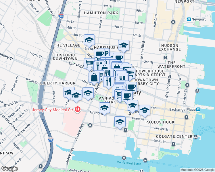 map of restaurants, bars, coffee shops, grocery stores, and more near 5 Hampton Court in Jersey City
