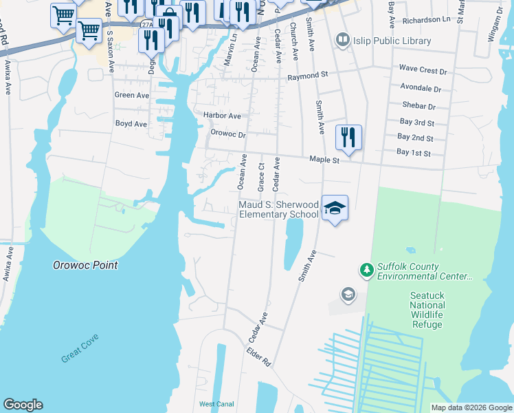 map of restaurants, bars, coffee shops, grocery stores, and more near 283 Ocean Avenue in Islip