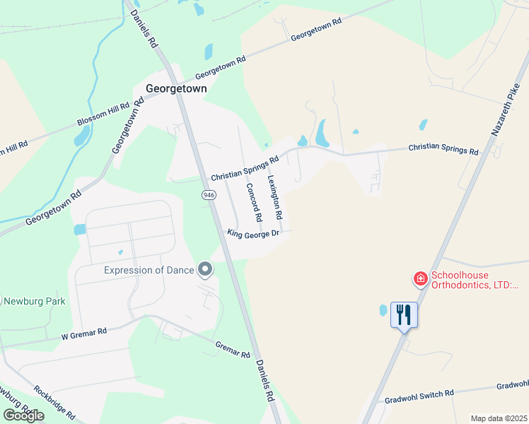 map of restaurants, bars, coffee shops, grocery stores, and more near 682 Concord Road in Nazareth