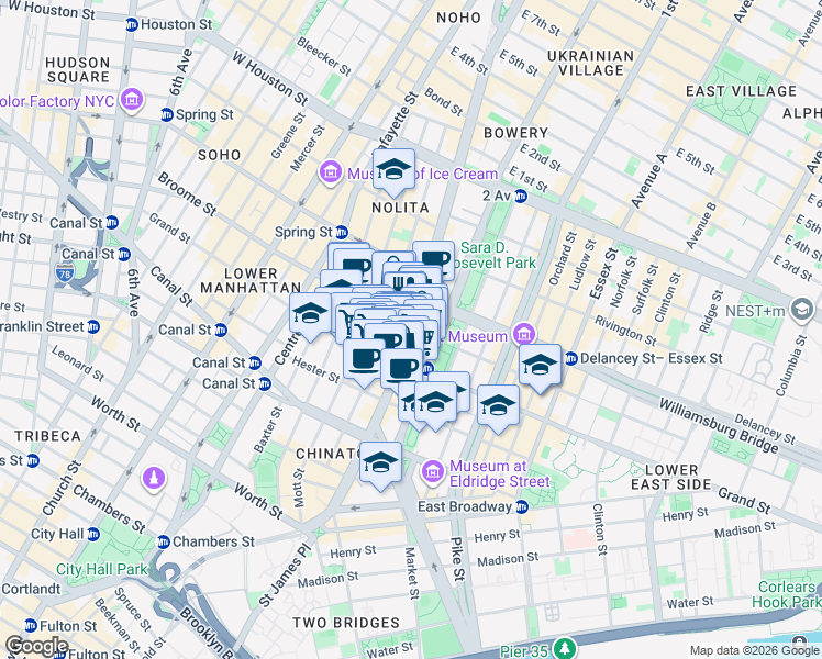 map of restaurants, bars, coffee shops, grocery stores, and more near Bowery & Broome Street in New York