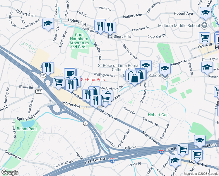 map of restaurants, bars, coffee shops, grocery stores, and more near 56 Meadowbrook Road in Essex County