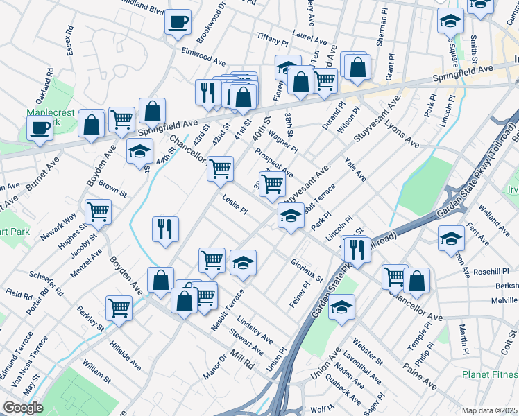 map of restaurants, bars, coffee shops, grocery stores, and more near 887 Stuyvesant Avenue in Irvington