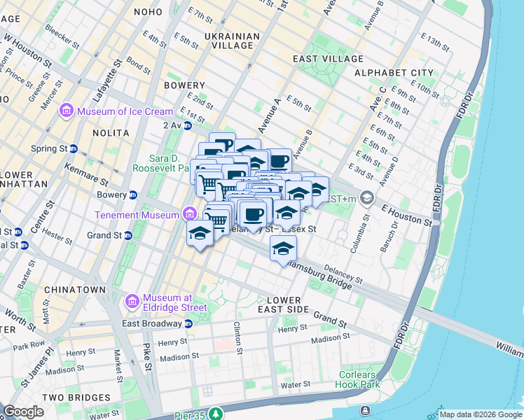 map of restaurants, bars, coffee shops, grocery stores, and more near 107 Suffolk Street in New York