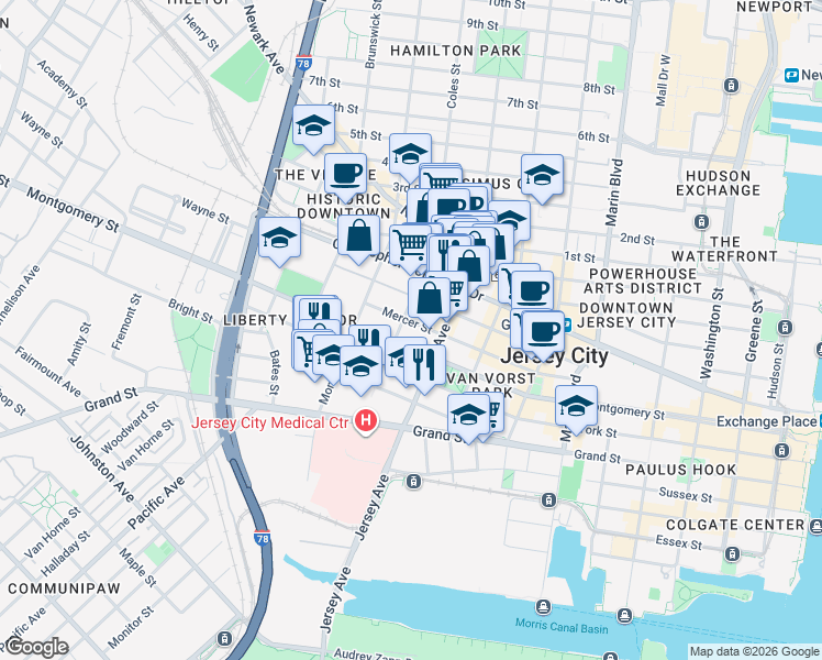 map of restaurants, bars, coffee shops, grocery stores, and more near 304 Varick Street in Jersey City