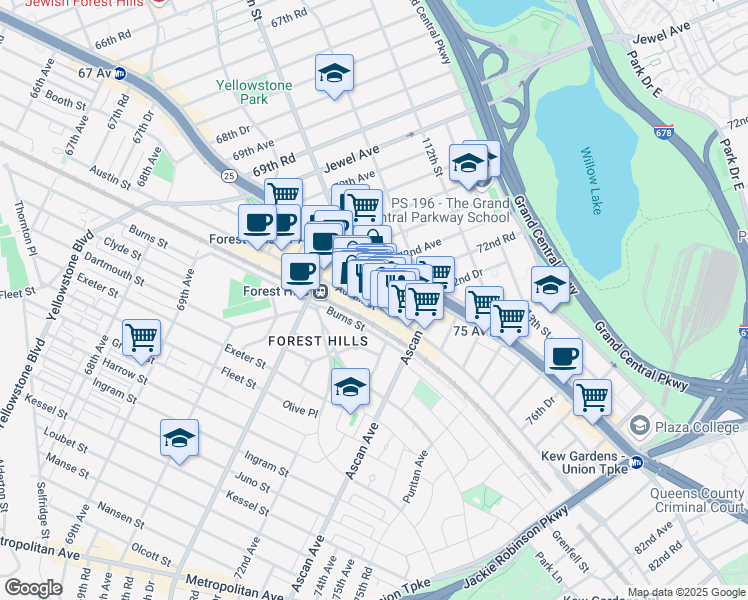 map of restaurants, bars, coffee shops, grocery stores, and more near 72-03 Austin Street in Queens