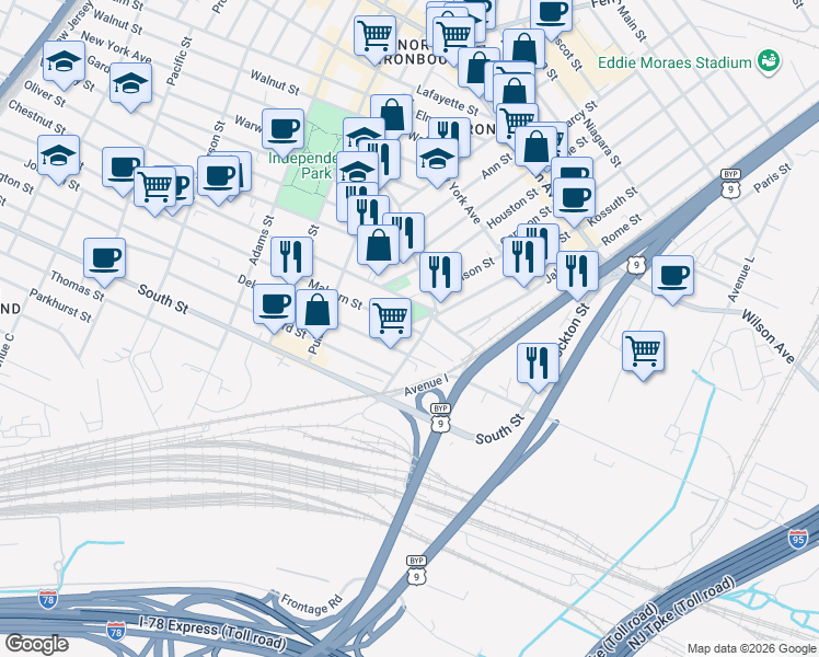 map of restaurants, bars, coffee shops, grocery stores, and more near 248 Malvern Street in Newark