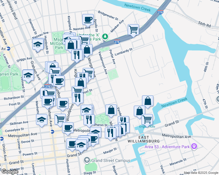 map of restaurants, bars, coffee shops, grocery stores, and more near 395 Withers Street in Brooklyn