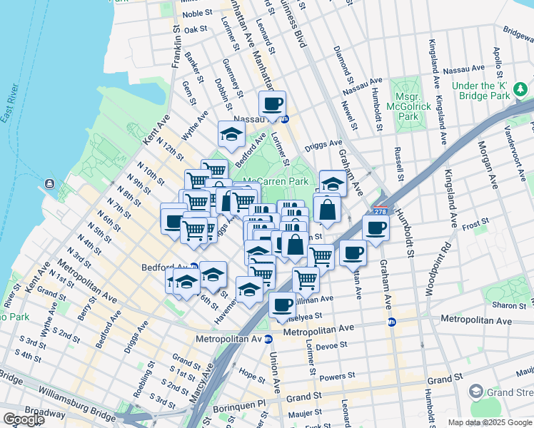 map of restaurants, bars, coffee shops, grocery stores, and more near Union Avenue in Brooklyn