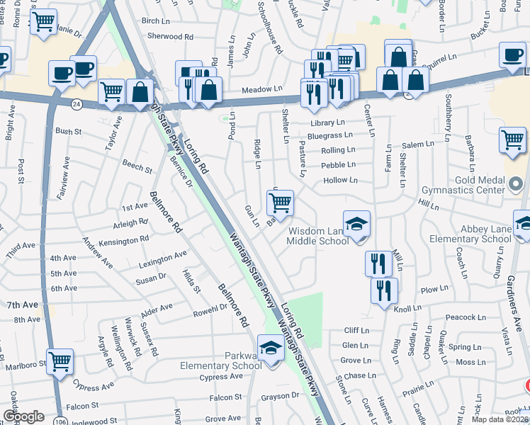 map of restaurants, bars, coffee shops, grocery stores, and more near 94 Barnyard Lane in Levittown