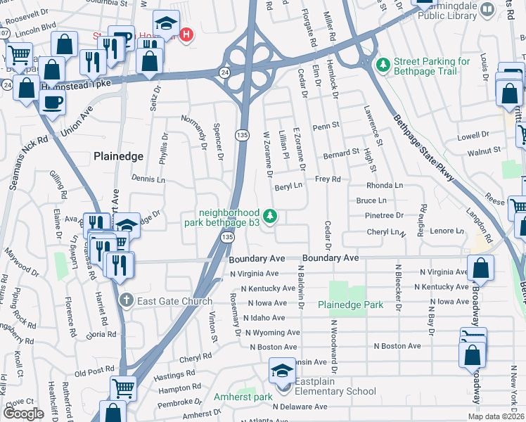 map of restaurants, bars, coffee shops, grocery stores, and more near 11 Hunt Place in Bethpage