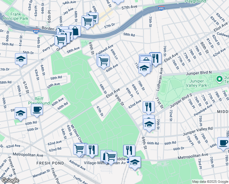 map of restaurants, bars, coffee shops, grocery stores, and more near 69th Street & Eliot Avenue in Queens