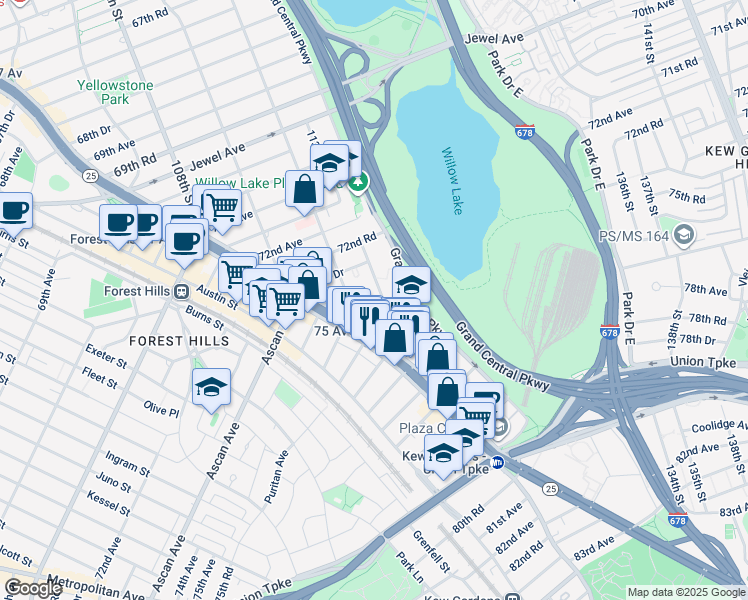map of restaurants, bars, coffee shops, grocery stores, and more near 112-25 75th Avenue in Queens