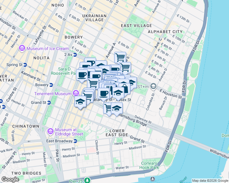 map of restaurants, bars, coffee shops, grocery stores, and more near 60 Clinton Street in New York