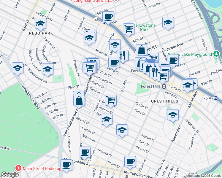 map of restaurants, bars, coffee shops, grocery stores, and more near 68-17 Exeter Street in Queens