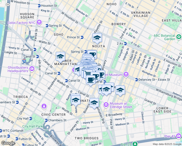 map of restaurants, bars, coffee shops, grocery stores, and more near 156 Mott Street in New York