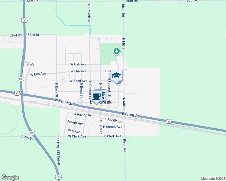 map of restaurants, bars, coffee shops, grocery stores, and more near 230 West Calkins Avenue in Elm Creek