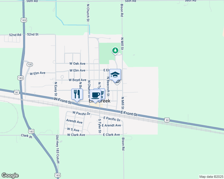 map of restaurants, bars, coffee shops, grocery stores, and more near 230 West Calkins Avenue in Elm Creek