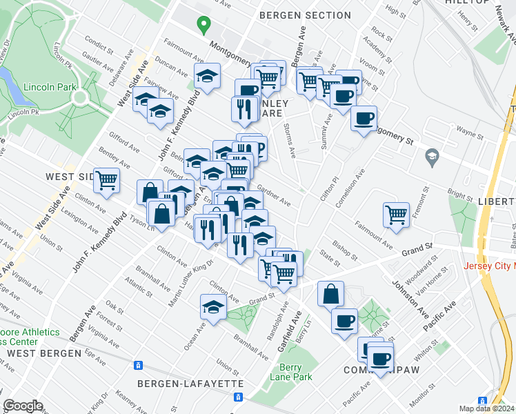 map of restaurants, bars, coffee shops, grocery stores, and more near 55 Belmont Avenue in Jersey City