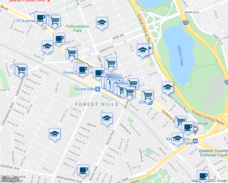 map of restaurants, bars, coffee shops, grocery stores, and more near 72-03 Austin Street in Queens